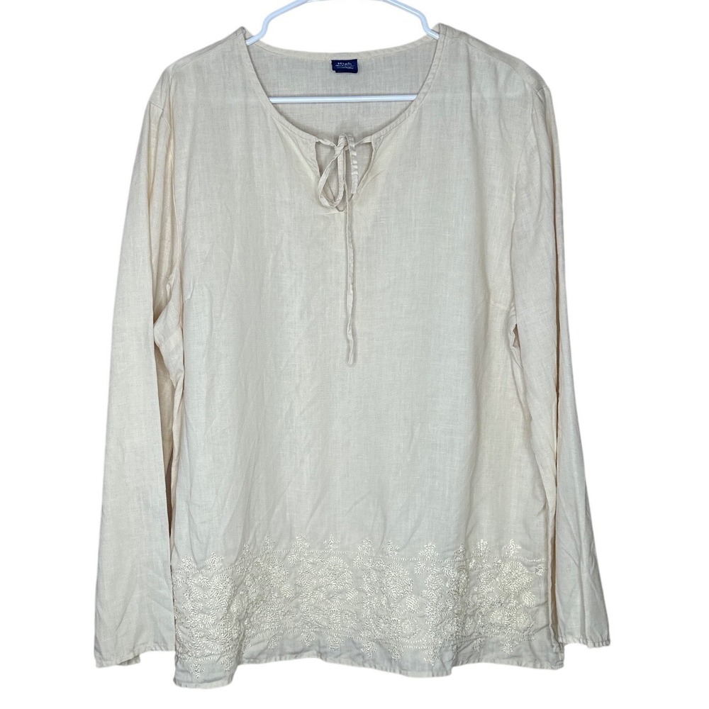 High Sierra Women's Large‎ Cream 100% Linen Embroidered Long Sleeve Tunic Blouse